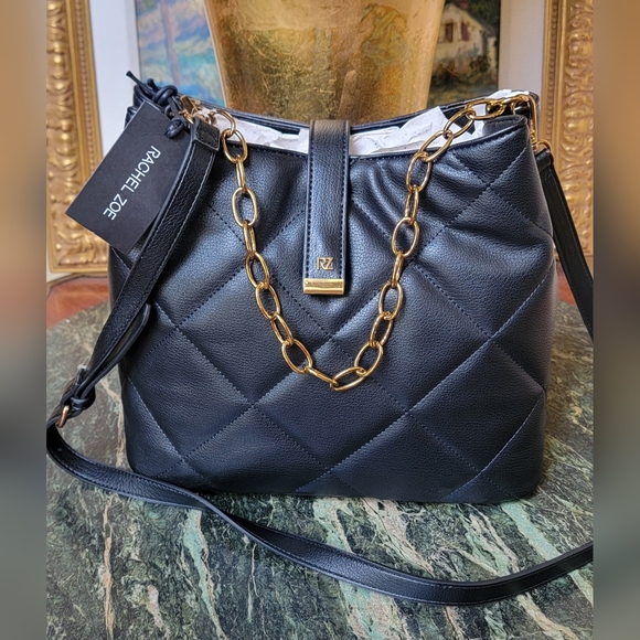RACHEL ZOE BLACK FAUX QUILTED LEATHER GOLD CHAIN SHOULDER HANDBAG CROSSBODY BAG - Picture 1 of 9